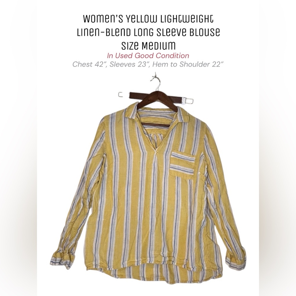 Yellow Striped Linen-Blend Long Sleeve Blouse Size Medium